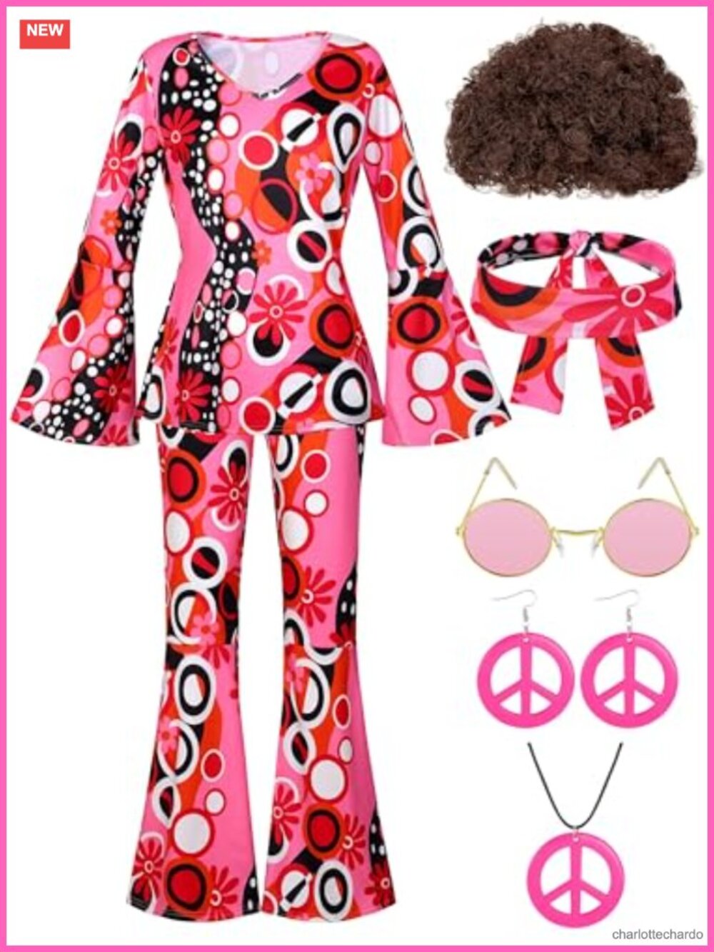 7 Pack 70s Women Hippie Costume Set Boho Flared Pants Tie Dye Headband Necklace